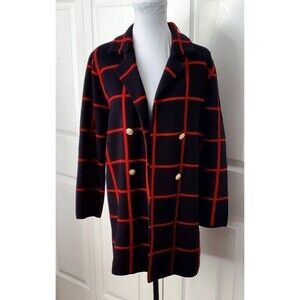 ANNE KLEIN Women's Blazer Blue Red Check Blazer 4 Faux Button Jacket Coat Sz M